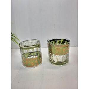 2 Vintage Cera Golden Grapes Green Old Fashioned Tumblers "On the Rocks" Glasses